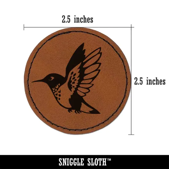 Hummingbird in Flight Round Iron-On Engraved Faux Leather Patch Applique - 2.5" Brown {3}