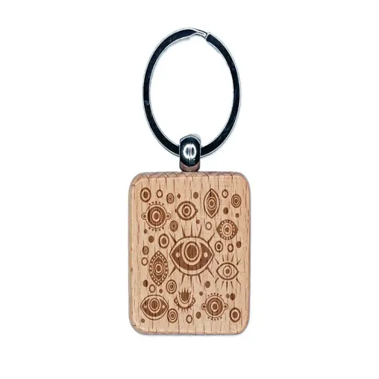 Nazar Evil Eye Hamsa Curse Protection Symbol Engraved Wood Square Keychain Tag Charm {1}