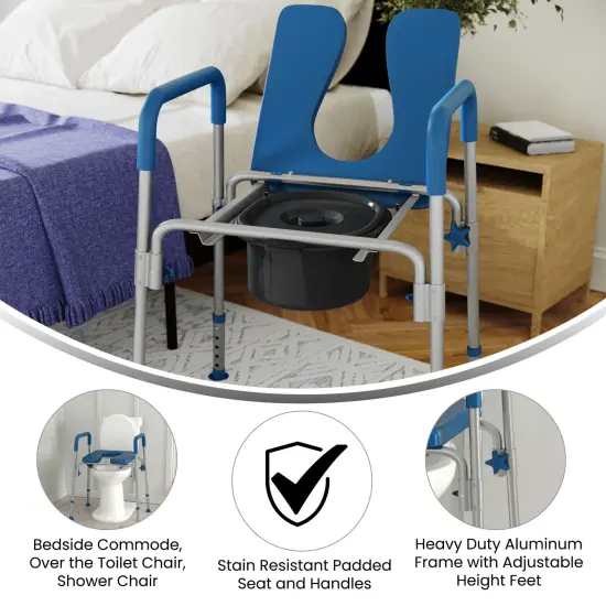Emma and Oliver Maury Shower Commode Chair with Safety Rail, Height Adjustable Frame, Padded Seat & Armrests, Removable Pail with Lid, Fits Most Toilets Blue {2}