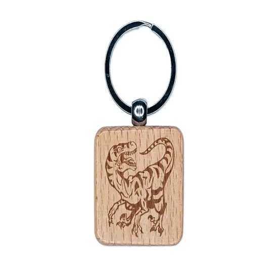 Striped Snarling Velociraptor Engraved Wood Square Keychain Tag Charm {1}