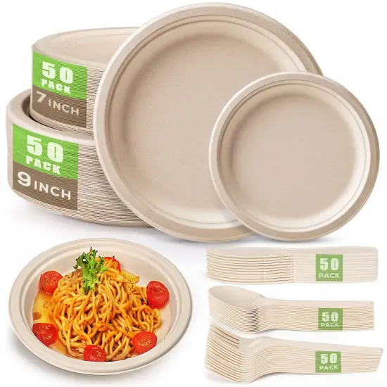 250 Pieces Disposable Paper Plates Set, Compostable Plate Sugarcane Utensils Eco Friendly Dinnerware Kit Includes 50 Biodegradable Plates, Forks, Knives and Spoons for Brithday Party Camping {2}