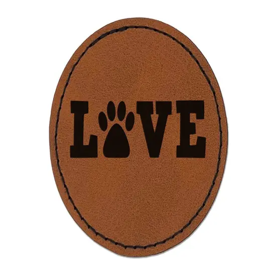 Love Paw Print Dog Cat Pet Text Round Iron-On Engraved Faux Leather Patch Applique - 2.5" Brown {1}