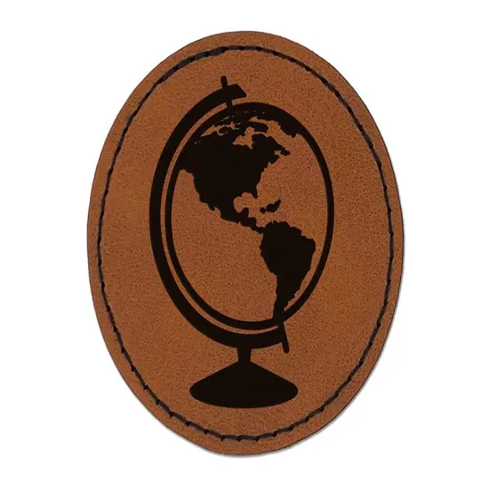 Explorer World Globe of Planet Earth Round Iron-On Engraved Faux Leather Patch Applique - 2.5" Brown {1}