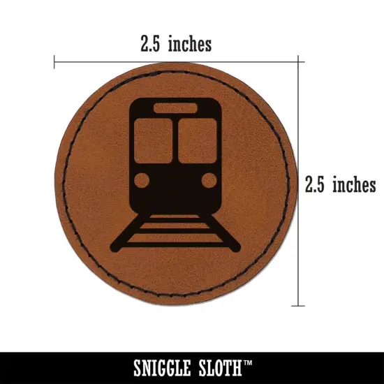Train Tram Rail Railway Station Icon Round Iron-On Engraved Faux Leather Patch Applique - 2.5" Brown {3}