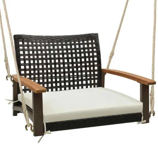 Costway Outdoor Single Swing Chair Bench 1-Person Rattan Porch Swing with Cushion {4}