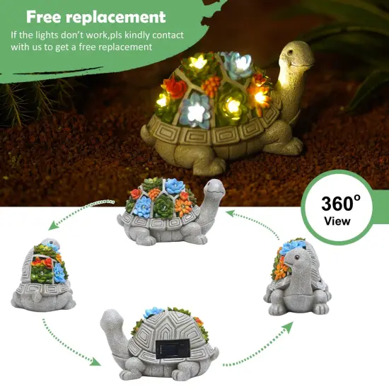Solar Garden Outdoor Statues Turtle with Succulent and 7 LED Lights - Lawn Decor Tortoise Statue for Patio, Balcony, Yard Ornament - Unique Housewarming Gifts {5}