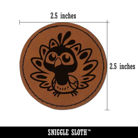 Cute Kawaii Peacock Bird Round Iron-On Engraved Faux Leather Patch Applique - 2.5" Brown {3}