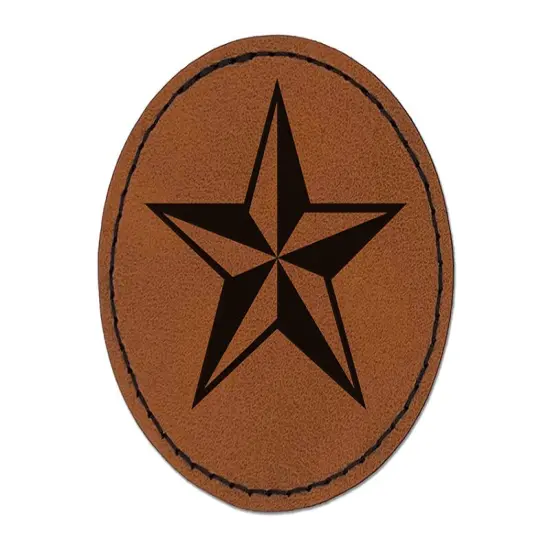 Nautical Star Round Iron-On Engraved Faux Leather Patch Applique - 2.5" Brown {1}