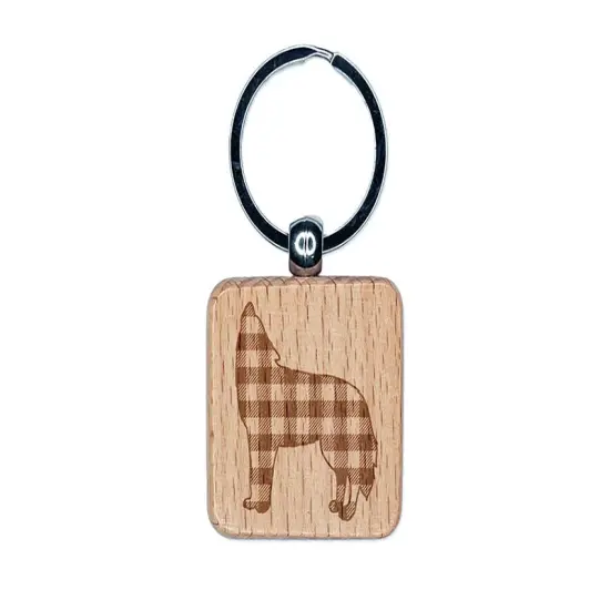 Plaid Howling Wolf Buffalo Print Engraved Wood Square Keychain Tag Charm {1}