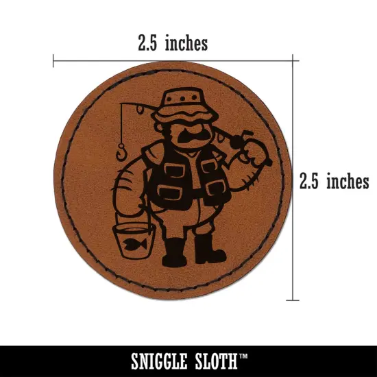 Fisherman Dad with Fishing Rod Round Iron-On Engraved Faux Leather Patch Applique - 2.5" Brown {3}
