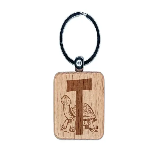 Animal Alphabet Letter T for Turtle and Tortoise Engraved Wood Square Keychain Tag Charm {1}