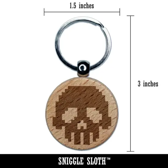 Pixel Digital Skull Engraved Wood Round Keychain Tag Charm {2}