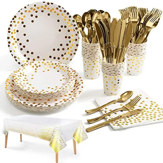 141 Pieces White Gold Party Supplies, Party Dinnerware Sets Include Paper Plates Napkins Cups Silverware, for Wedding Bridal Shower Engagement Birthday Parties Decoration -20 Serves {2}