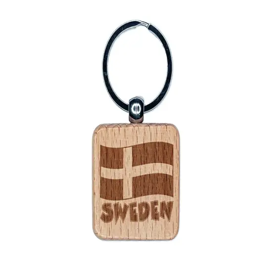 Sweden with Waving Flag Cute Engraved Wood Square Keychain Tag Charm {1}