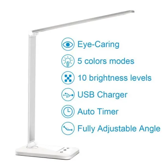 LED Desk Lamp Dimmable Table Lamp Reading Lamp with USB Charging Port, 5 Lighting Modes, Sensitive Control, 30/60 Minutes Auto-Off Timer, Eye-Caring Office Lamp {1}