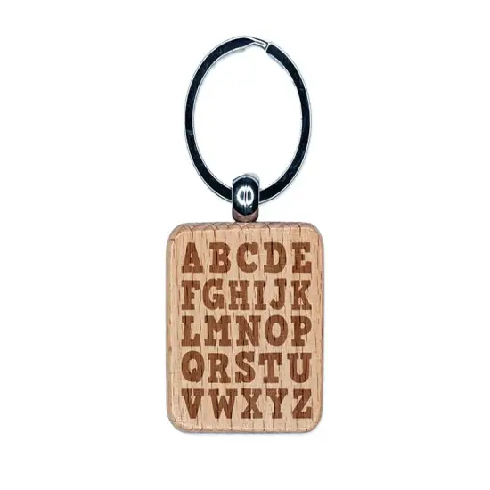 Alphabet Letters Engraved Wood Square Keychain Tag Charm {1}