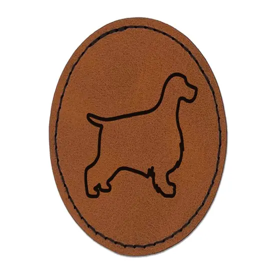 English Cocker Spaniel Dog Outline Round Iron-On Engraved Faux Leather Patch Applique - 2.5" Brown {1}