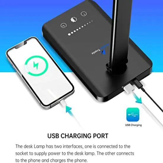 LED Desk Lamp with USB Charging Port, Dimmable Eye-Caring Reading Desk Light for Home, with 5 Brightness Level & 3 Lighting Modes, Touch Control, Auto Timer (Black) {5}