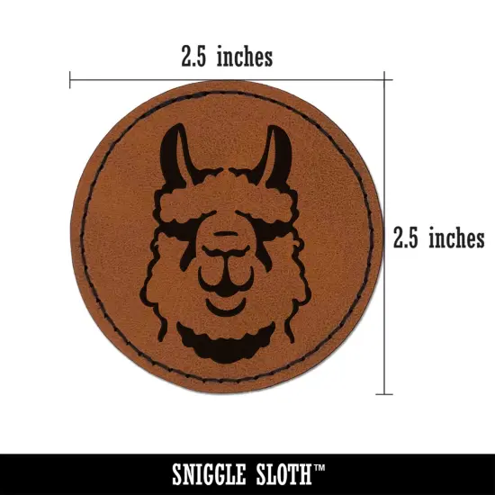 Fluffy Wooly Llama Head Round Iron-On Engraved Faux Leather Patch Applique - 2.5" Brown {3}