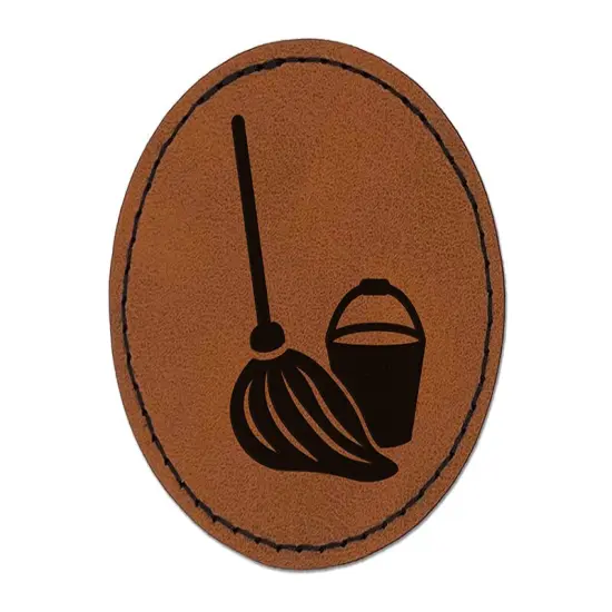 Mop and Bucket Cleaning Round Iron-On Engraved Faux Leather Patch Applique - 2.5" Brown {1}