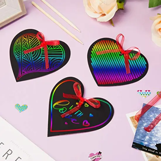 Rainbow Magic Scratch Art Set, 28 Heart Scratch Paper with Ribbons for Valentines Decorations, Scratch Art for Kids Class with 2Pcs 3D Stickers, Valentines Day Gifts for Kids (28 PCS Valentine Craft) {4}