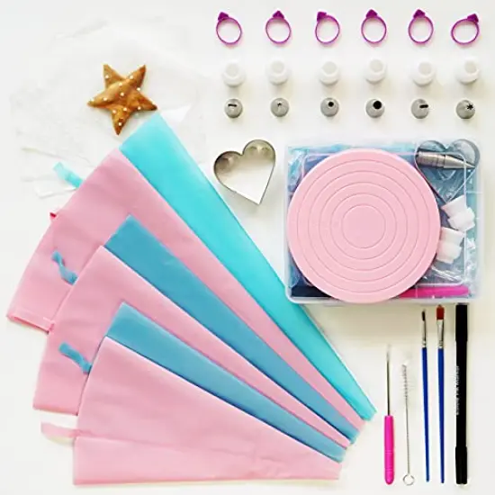 82 Pieces Cookie Decorating Supplies Kit With Storage Box, Sugar Cookies Turntable Set With 6 Piping Tips and Bags, Scribe Needle, Brush, Ideal Beginner Decorator Lover Kids Gift Valentine Halloween {1}