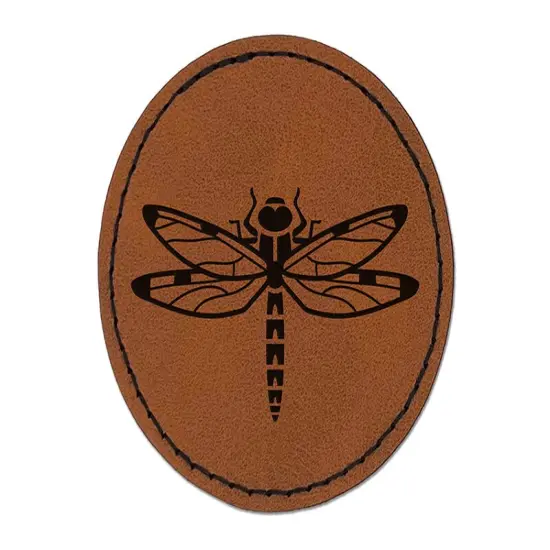 Dazzling Dragonfly Dasher Darner Insect Round Iron-On Engraved Faux Leather Patch Applique - 2.5" Brown {1}