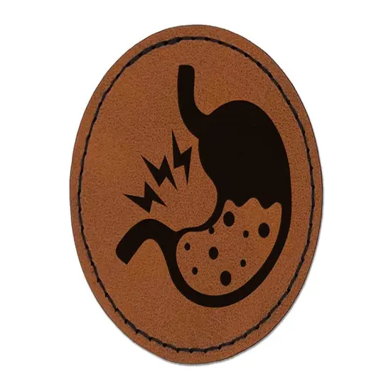 Stomach Ache Pain Anatomy Organ Body Part Round Iron-On Engraved Faux Leather Patch Applique - 2.5" Brown {1}