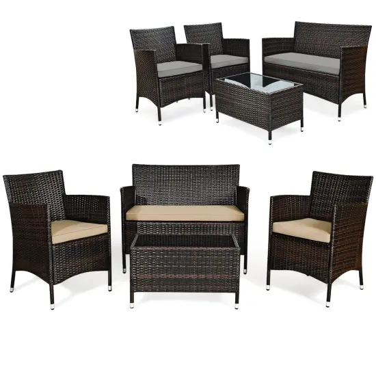 4 Pieces Comfortable Outdoor Rattan Sofa Set With Glass Coffee Table Grey and Beige {2}
