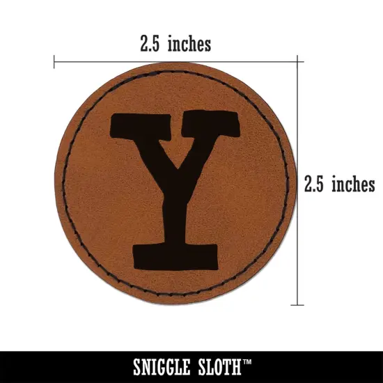Letter Y Uppercase Cute Typewriter Font Round Iron-On Engraved Faux Leather Patch Applique - 2.5" Brown {3}