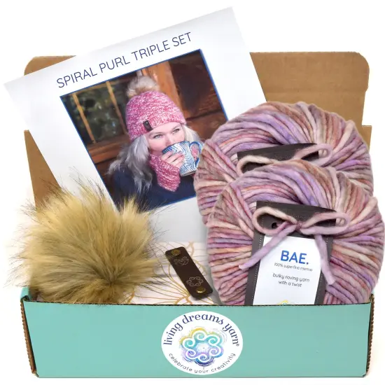 DIY Winter Accessories Triple Set Knit Kit. Includes Bulky Superfine Merino Wool Yarn, Printed Pattern, Pom-Pom, Rim Tag. Soft, Cozy, Great for Gifts Romance {1}
