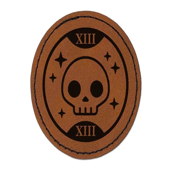 Death Tarot Card Round Iron-On Engraved Faux Leather Patch Applique - 2.5" Brown {1}