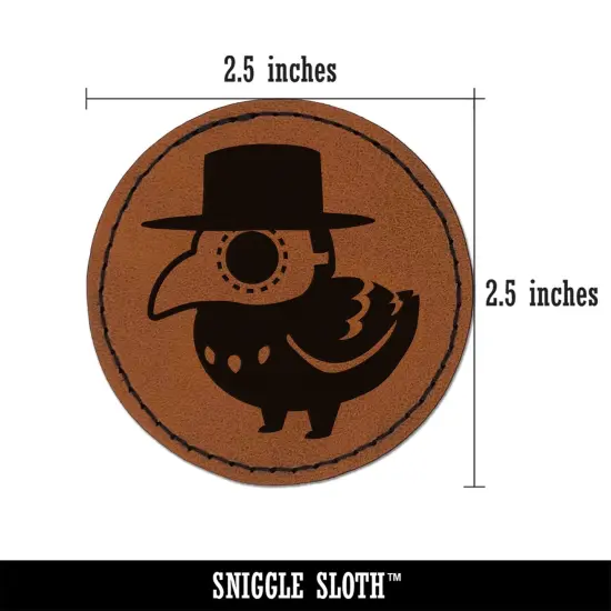 Cute Chibi Raven with Plague Doctor Mask Round Iron-On Engraved Faux Leather Patch Applique - 2.5" Brown {3}