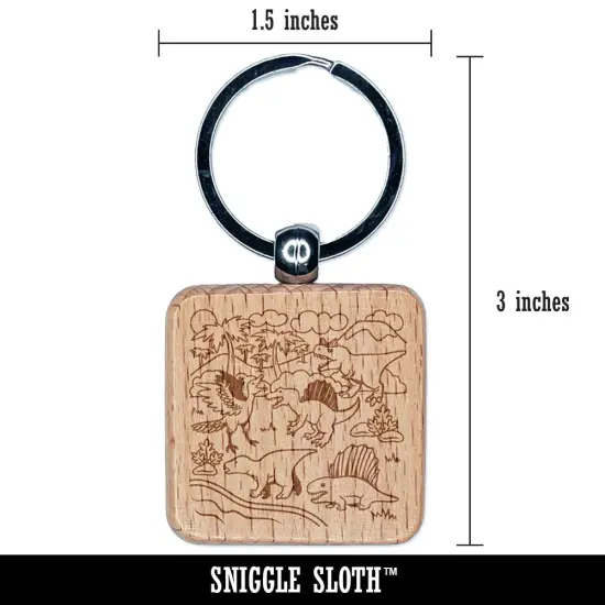 Dinosaurs Landscape Engraved Wood Square Keychain Tag Charm {2}