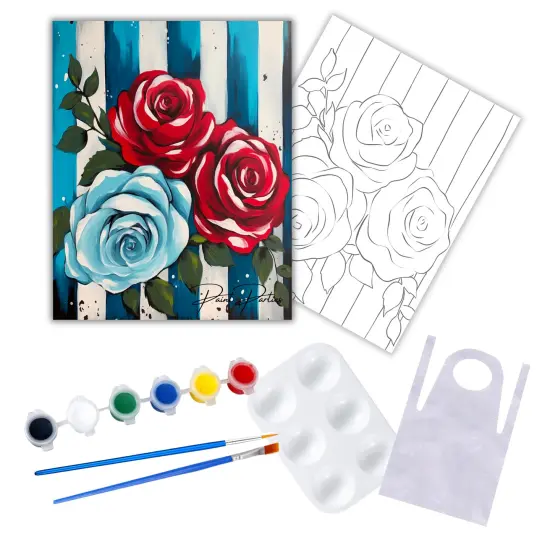 "Red and Blue Roses" DIY Canvas Art Kit, Adult Beginner, Acrylic Paint Size 11x14 inch {1}