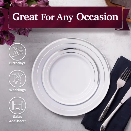 60 Silver Plastic Plates Disposable Heavy Duty Premium Plastic Plates, 30 Plastic Dinner Plates + 30 Dessert Appetizer Plates for Weddings, Fancy Disposable Plates for Party White Plastic Plates {5}