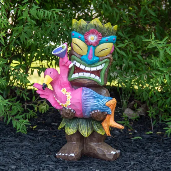 Northlight 15" Solar Lighted Polynesian Outdoor Garden Tiki with Flamingo Statue Green {3}