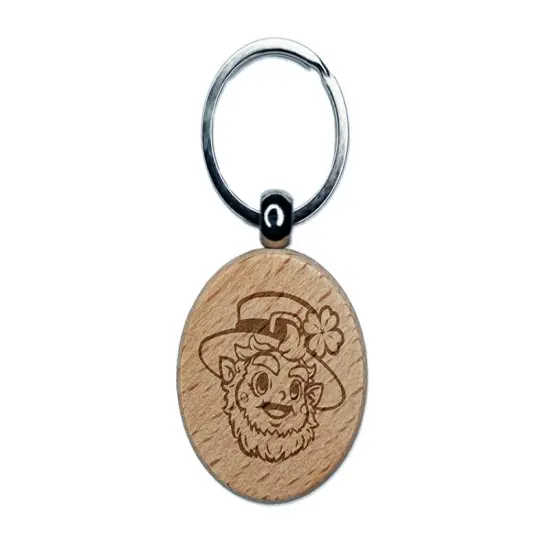 Cute Saint Patrick's Day Leprechaun Head Engraved Wood Round Keychain Tag Charm {1}