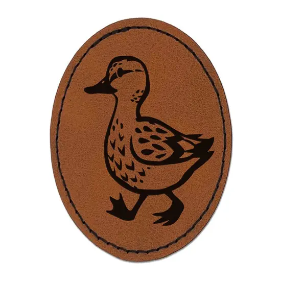 Cute Duck Walking Round Iron-On Engraved Faux Leather Patch Applique - 2.5" Brown {1}