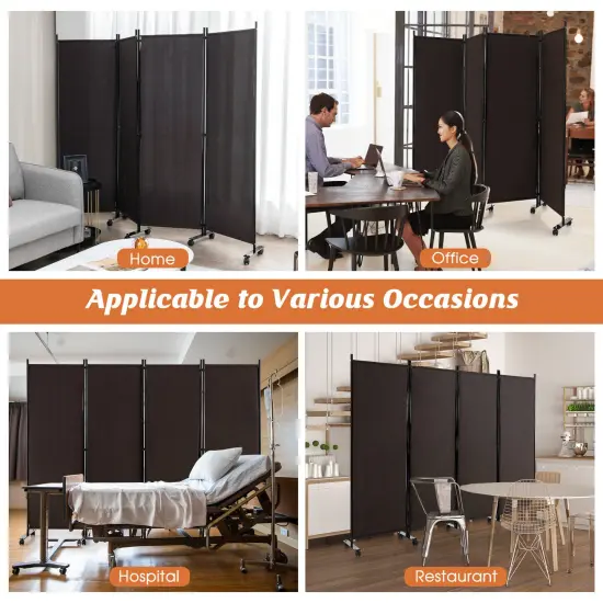 4-Panel Folding Room Divider 6 Feet Rolling Privacy Screen with Lockable Wheels Brown {5}