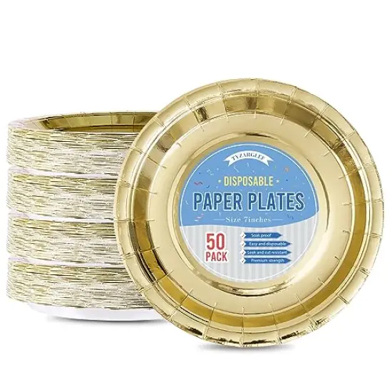 50 Pieces Disposable Paper Plates Gold,7&rdquo; Dessert Cake Plates Bulk for Party Supplies, Colored and Sturdy Party Plates for Birthday, Wedding, Baby shower, Bridal party supplies {2}
