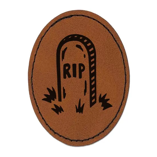RIP Headstone Gravestone Tombstone Halloween Round Iron-On Engraved Faux Leather Patch Applique - 2.5" Brown {1}