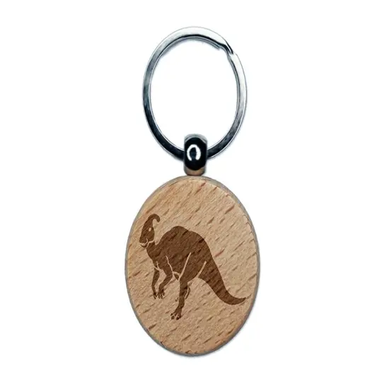 Parasaurolophus Dinosaur Engraved Wood Round Keychain Tag Charm {1}