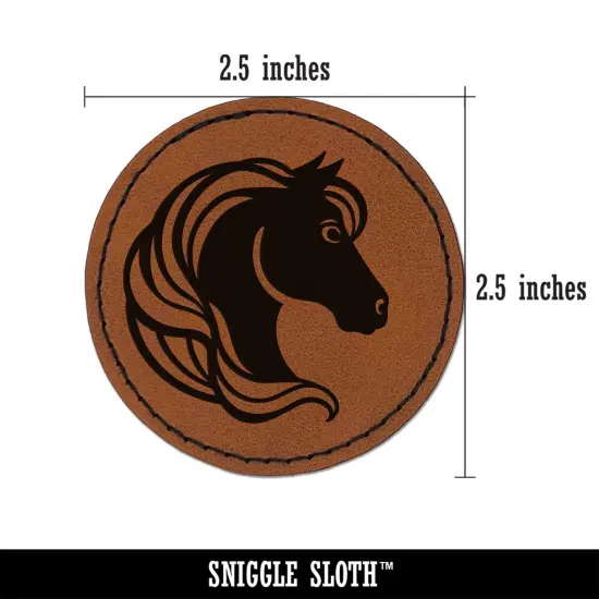 Horse Head Flowing Mane Stallion Round Iron-On Engraved Faux Leather Patch Applique - 2.5" Brown {2}