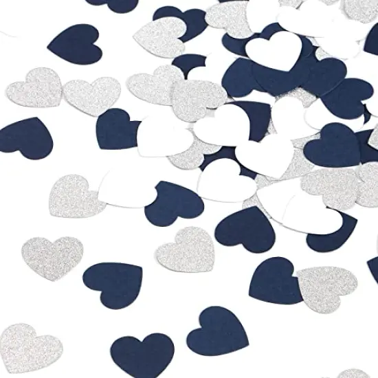 300 Pieces Navy-Blue White-Silver Heart Party-Decorations Confetti - Graduation 2022 Valentines Day Table Glitter Paper Confetti Mothers Fathers Day Wedding Engagement Birthday Decor Panduola {2}