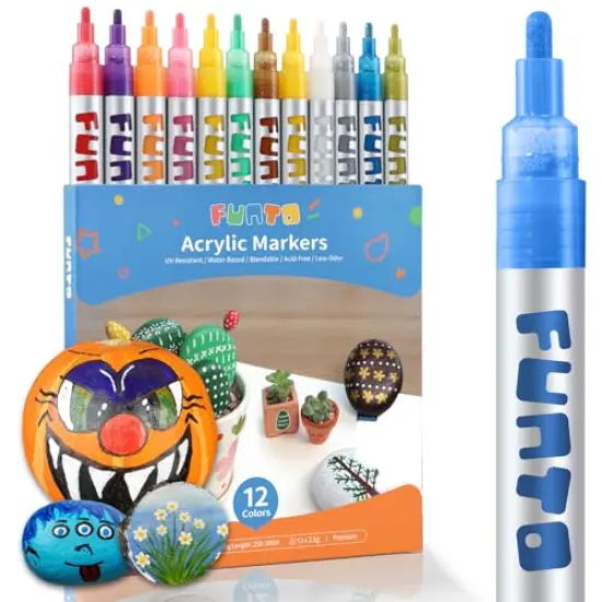 Acrylic Paint Pens for Rock Painting, Fabric, Wood, Canvas, Metal, Ceramic, Glass, Scrapbooking Craft,12 Colors Paint Marker Set, Medium Tip, Non-Toxic, Quick Drying {2}