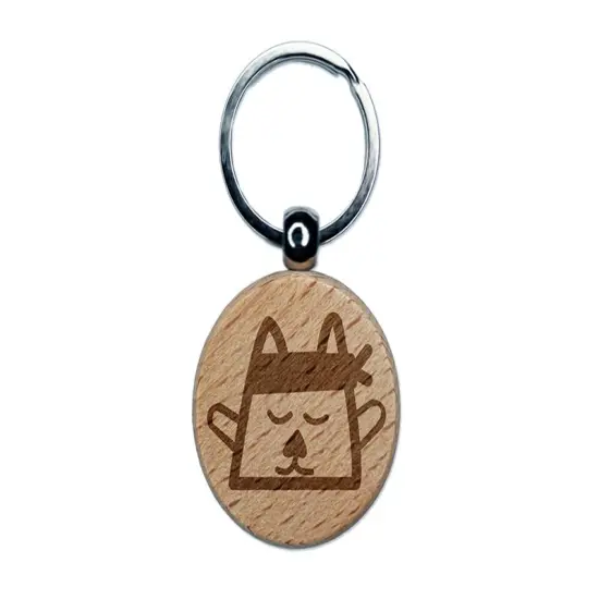 Ninja Kitty Cat Doodle Engraved Wood Round Keychain Tag Charm {1}