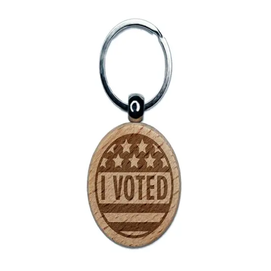 I Voted Patriotic Stars and Stripes Engraved Wood Round Keychain Tag Charm {1}