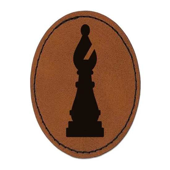 Chess Bishop Piece Round Iron-On Engraved Faux Leather Patch Applique - 2.5" Brown {1}