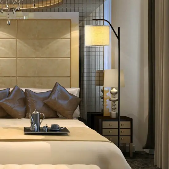 Standing Arc Modern Floor Lamp With Fabric Hanging Lamp {2}